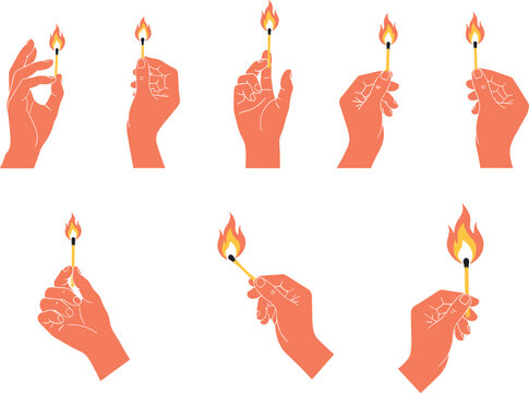 Set of hands holding burning matchsticks vector illustrations showing fire ignition danger heat and flame concept collection