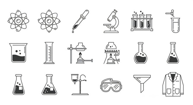 Collection of Hand Drawn Science Laboratory Equipment Icons.