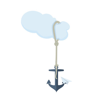 Heavy anchor tied to cloud. Emotional burden and hope concept. Mental health, depression or feeling stuck. Sea anchor holds back light cloud. Paper plane symbolizes hope, freedom and resilience.Vector