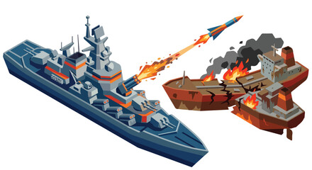 Obraz premium vector isometric of a warship shooting an enemy ship 06