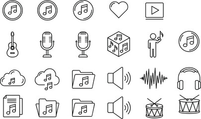 Fototapeta premium Music and audio icon set sound symbols microphone headphones notes media player outline vector