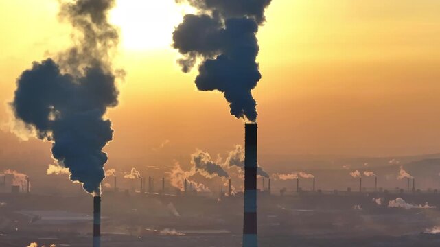 Industrial smokestacks emitting pollution at sunset
