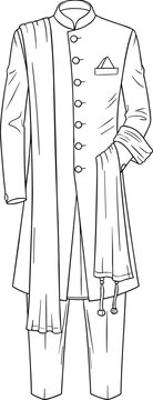 Indian Men's Traditional Wedding Sherwani Suit with Dupatta Stole Hand Drawn Outline Vector Illustration for Cultural Fashion Groom Apparel Design