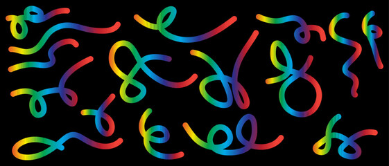 Fototapeta premium Set of Abstract Colorful Wavy Lines and Tangled Scribbles on Black Background