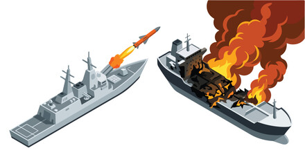 Obraz premium vector isometric of a warship shooting an enemy ship 04