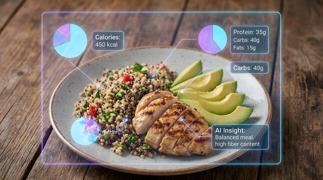 Nutritional breakdown of a healthy meal with grilled chicken, quinoa, and avocado presented with futuristic augmented reality graphics