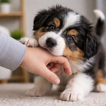 Small Australian Shepherd puppy chewing on a person's hand &mdash; playful moment with a puppy at home