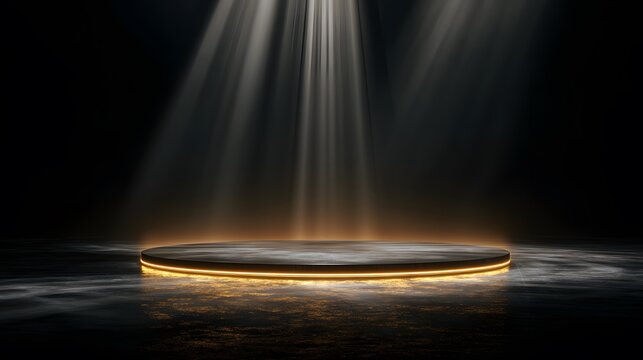A dark stage background illuminated by spotlights with a glowing podium