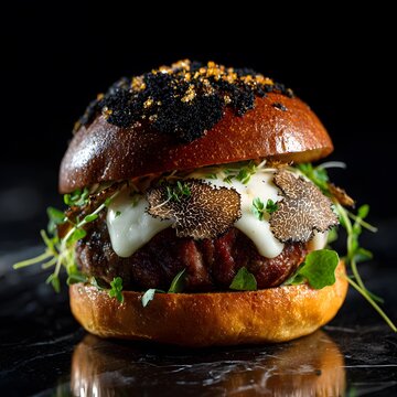 Gourmet hamburger featuring black truffles and caviar on a dark background