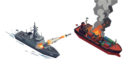 Obraz premium vector isometric of a warship shooting an enemy ship 03