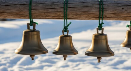 Obraz premium Row of brass bells hanging from a wooden beam against a snowy background