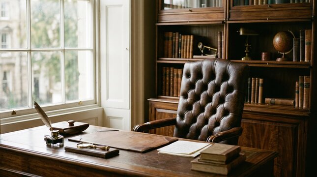 Closeup medium frame of a traditional wooden executive workspace featuring leather chair and classic bookcase while the window view remains softly unfocused.