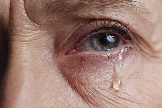 Close-up of an elderly woman's eye with a tear on her cheek &mdash; emotional portrait of sadness and pain