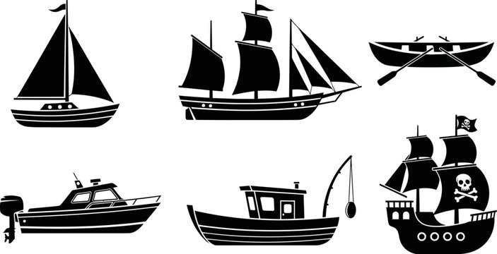Collection of various sailboats and motorboats in black silhouette on white background