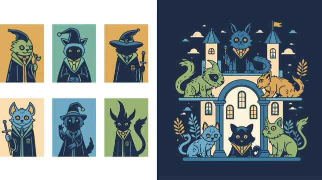 Whimsical cat characters in wizard robes with castle and magical elements