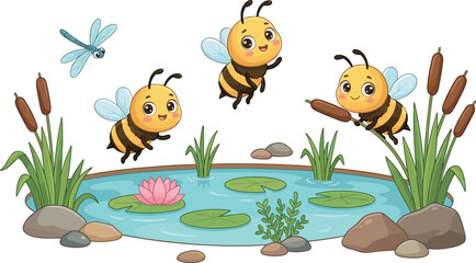 Fototapeta premium Cartoon vector illustration of bees and dragonfly flying above pond with lotus, lily pads, and cattails