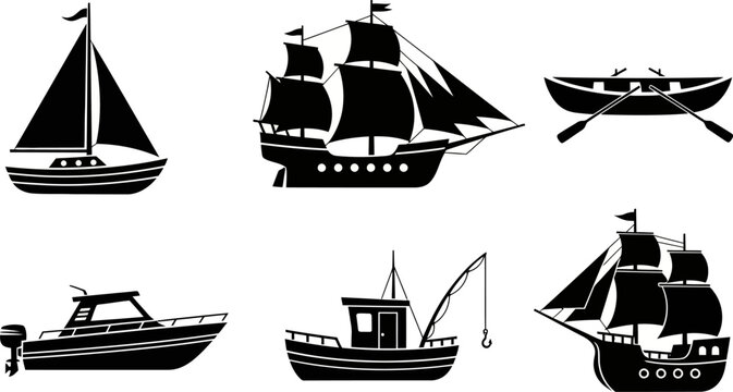 Collection of various boat and ship silhouettes on white background  sailboats and motorboats