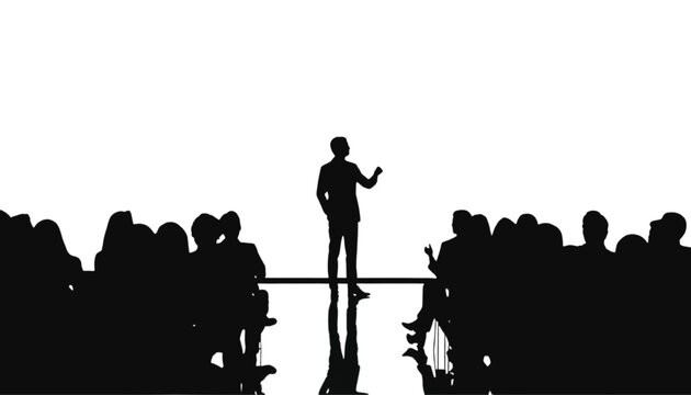 Speaker stands on a stage to address a large crowd of attentive people during a formal conference.
