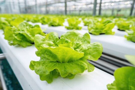 Fresh green lettuce growing on hydroponic beds in a modern greenhouse &mdash; organic farming