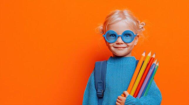 Cute little girl in blue glasses holding colorful pencils on bright orange background &mdash; school concept