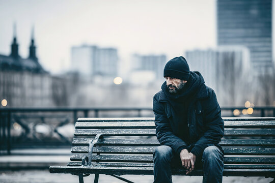 Lonely man in dark clothes sitting on a bench in a winter city &mdash; atmosphere of melancholy and depression