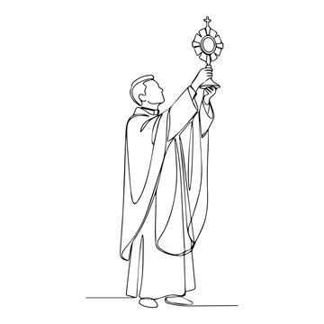 Vertical illustration of a priest holding a monstrance. Catholic eucharistic adoration concept. Minimalist continuous line vector graphic