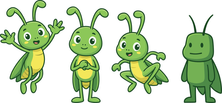 Cartoon vector illustration of four playful green insect characters resembling grasshoppers or crickets in varied poses