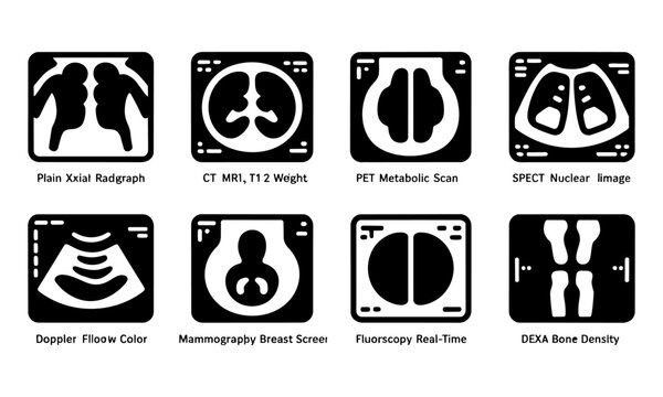Medical imaging icons set including CT scan MRI Xray and other diagnostic tests  various medical scans and imaging techniques