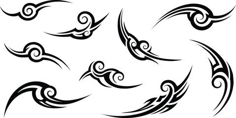Fototapeta premium Collection of black tribal wave and swirl tattoo designs for body art