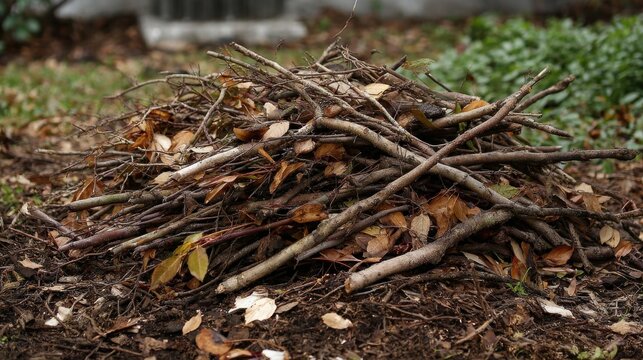 High quality photo of pile of yard cleanup clippings Branches and limbs.