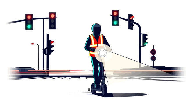 person on scooter at city street with traffic lights