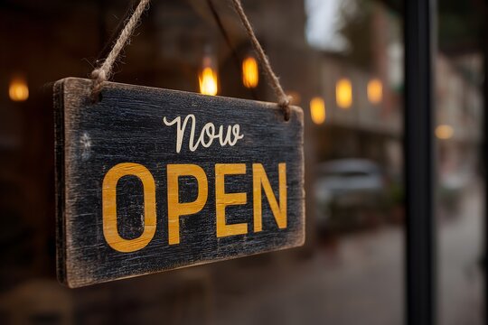 A wooden sign hangs in a window indicating that the business is now open