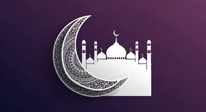Elegant Purple Background with Silver Moon and Mosque
