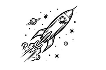 Retro rocket ship flying in outer space. Vintage spaceship vector illustration. Hand drawn galaxy concept with stars and planets. Sci-fi art. © DandiPdn