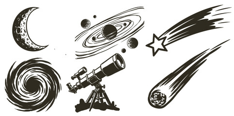 Astronomy and space exploration elements set. Vintage telescope, galaxy and moon sketch. Celestial bodies vector icons. © DandiPdn
