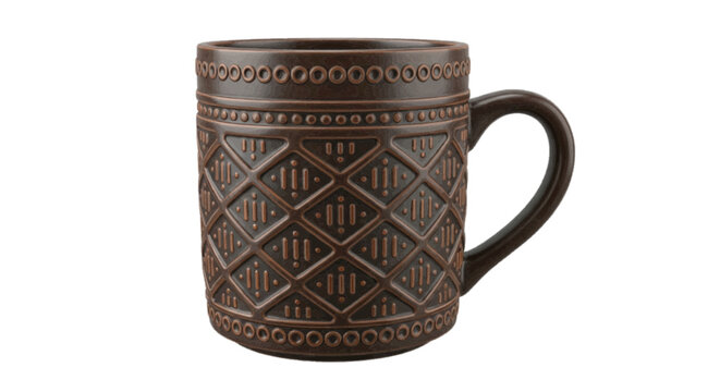 Vector illustration&nbsp;of brown ceramic mug with embossed geometric patterns on a transparent background