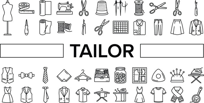 Tailor and sewing icon set featuring clothing design tools stitching equipment garments and fashion tailoring process outline vector collection