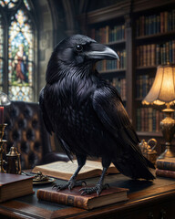Obraz premium Professional photorealistic portrait of a raven in a deep purple business suit perched at a gothic library office desk with antique books and blurred scholarly background