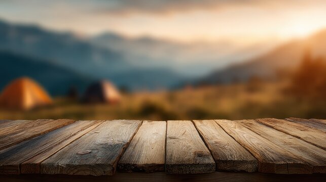 High quality photo of wooden table background of free space for your decoration and blurred background of camping in mountains.