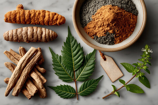 Traditional Ayurvedic Triphala ingredients including dried roots, neem leaves, and herbal powders in a ceramic bowl on a marble flat lay background with a handwritten tag