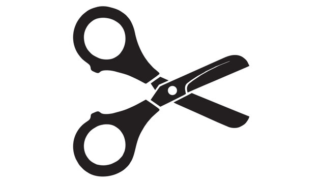 Professional black silhouette icon of sharp office or tailor scissors, isolated on white.