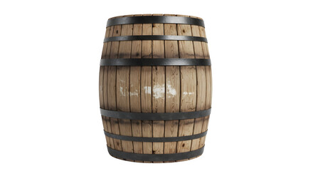 Fototapeta premium A wooden barrel with metal hoops on transparent background standing alone