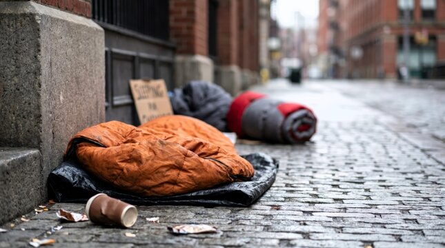 Abandoned sleeping bags and discarded personal items lie on a wet cobblestone street, symbolizing urban homelessness, poverty, and life without shelter.