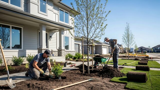 Landscaping workers planting trees and flowers.