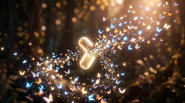 A luminous capsule gracefully dissolves, releasing a swarm of radiant, ethereal butterflies into a mystical forest, symbolizing transformation and natural energy
