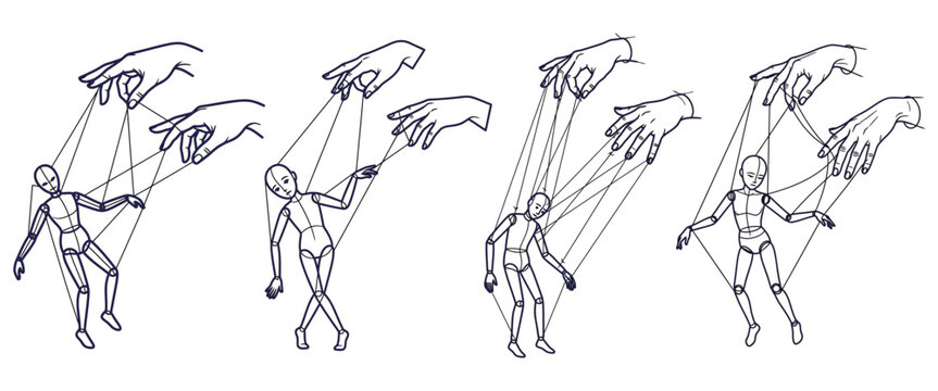 Artistic illustrations of puppet hands controlling wooden marionette figures.