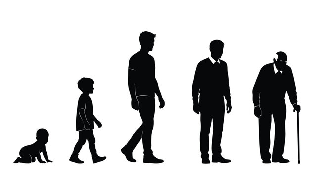 Stages of life depicted with human figures in black silhouette