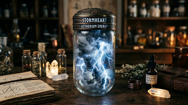 Mysterious glass vessel containing a dynamic electric storm, crackling with potent arcane energy in an ancient alchemist's study, a captivating source of power