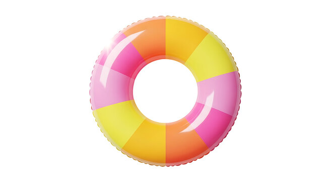 Multicolored inflatable pool float with pink, orange, and yellow sections on transparent background
