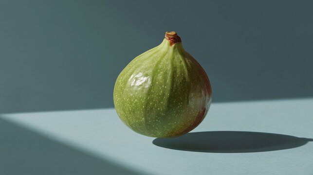Single green fig with stem casting a shadow on a blue surface